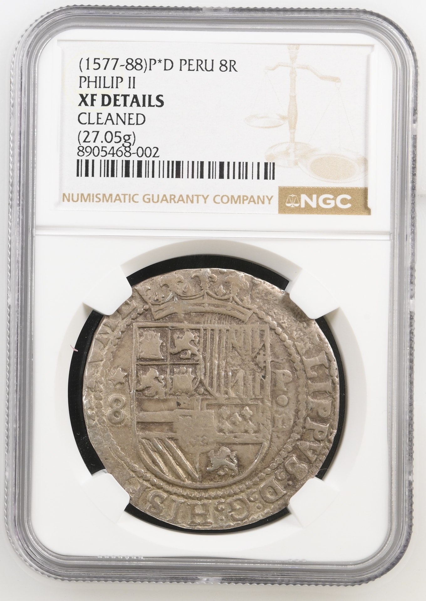 (1577-88) 8 Reales - Philip II shield type, assayer D - obverse