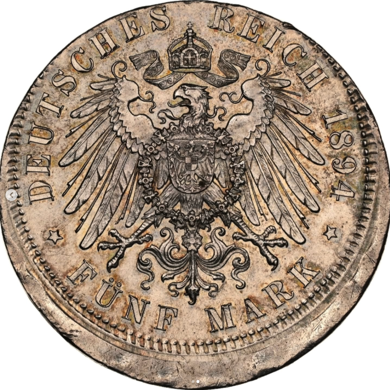 1894 A 5 Mark - Mint Error, struck 10% off center reverse