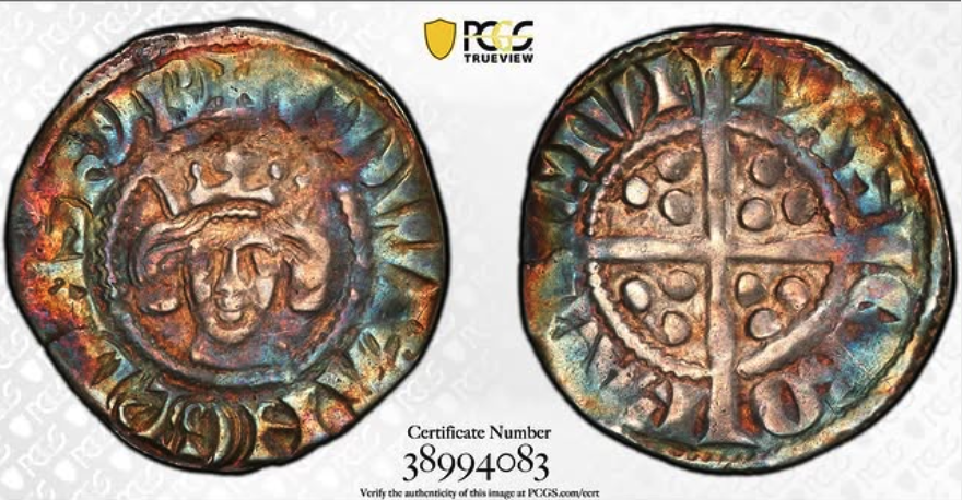 1279-1307 A.D. AR Long Cross Penny - Spink-1429 - obverse: crowned facing bust of Edward I within inner circle, legend EDWAR ANGL DNS HYB ('Edward, King of England, Lord of Ireland') / reverse: long cross dividing the field into four quarters, three pellets in each quarter, mint legend CIVITAS EBORACI ('City of York') - obverse