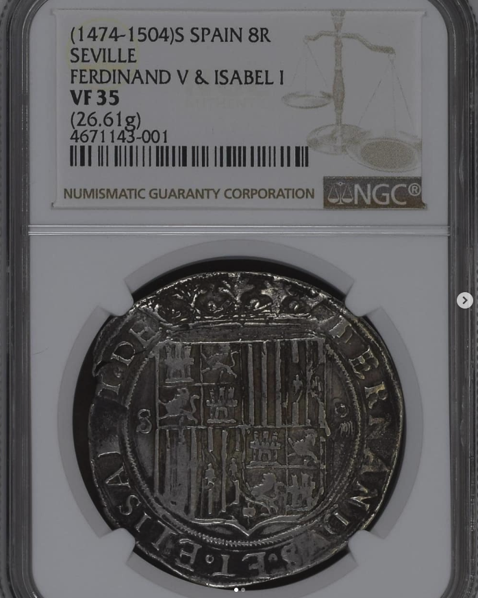 Dated 1474-1504, struck posthumously c. 1537-1566 AR 8 Reales (26.61g) - the first crown-size coin and the first 8 reales ever struck in Spain · Cayon-2844, Calicó 187 - obverse