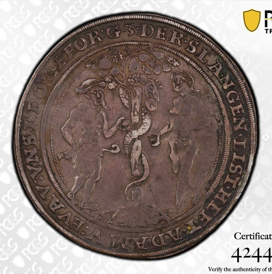 c. 1507-1540 AR 1/2 Schauthaler (presentation half-thaler) - obverse: Adam & Eve and the Serpent at the Tree of Knowledge (Genesis 3:1-6) / reverse: Jacob's Ladder with three ascending angels and God in glory at the top (Genesis 28:12) - obverse