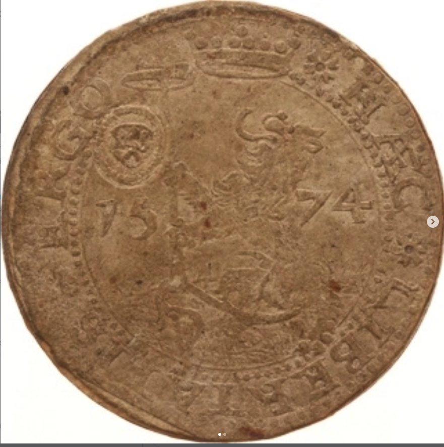 1574 (struck December 1573) Siege Gulden - struck on paper from Catholic Missals and Hymnals, counterstamped on validation - obverse