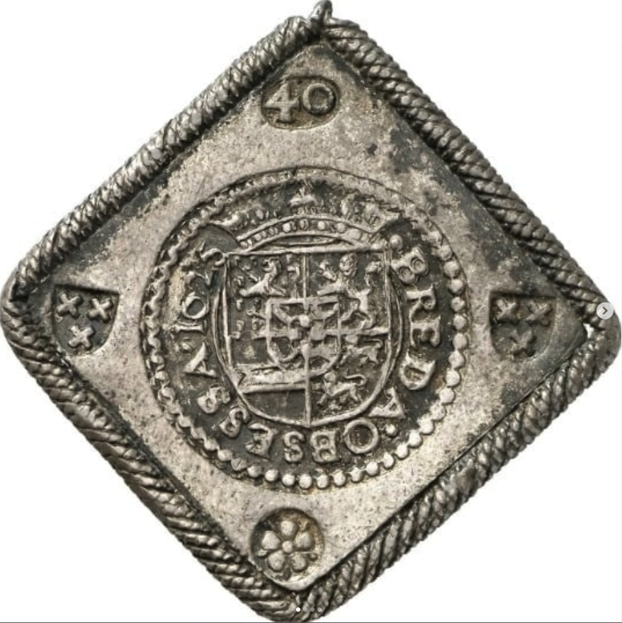 1625 40 Stuivers (lozenge-shaped siege piece struck from confiscated church silver) - mounted in a contemporary Spanish soldier's bezel as a war trophy - obverse