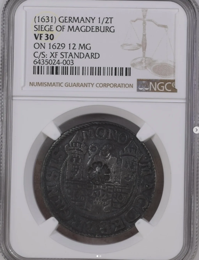 1631 (counterstamped on a 1629 host coin) 1/2 Thaler emergency counterstamp ('XF Standard' over a 1629 12 Mariengroschen of Magdeburg) - obverse