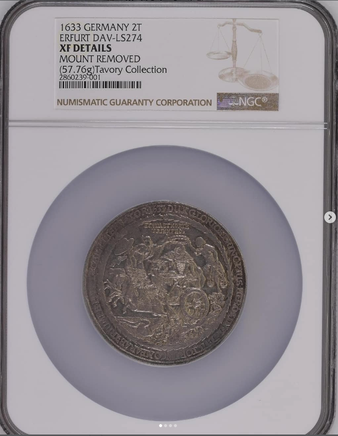 1633 AR 2 Thaler (57.76g) - Davenport-LS-274 (the Erfurt-attributed Wolgast funeral 2 Thaler) - obverse: Gustavus Adolphus in the Triumphal Chariot pulled by three Pegasi, crowned by Religion and Justice, trampling the Devil-Pope, ET VITA ET MORTE TRIUMPHO / reverse: the King's body on the field of Lützen, soul lifted by angels to the Tetragrammaton, EUGE SERVE FIDELIS · VEL MORTUUM FUGIUNT - obverse
