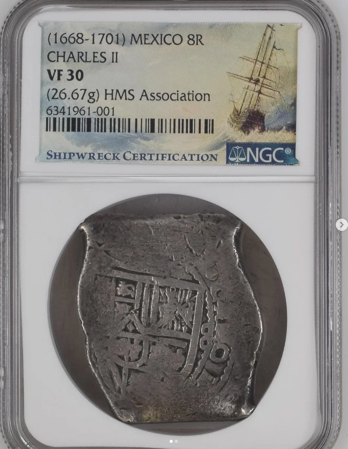1668-1701 8 Reales cob (26.67g) - Mexico mint, recovered from HMS Association (lost 1707) - obverse