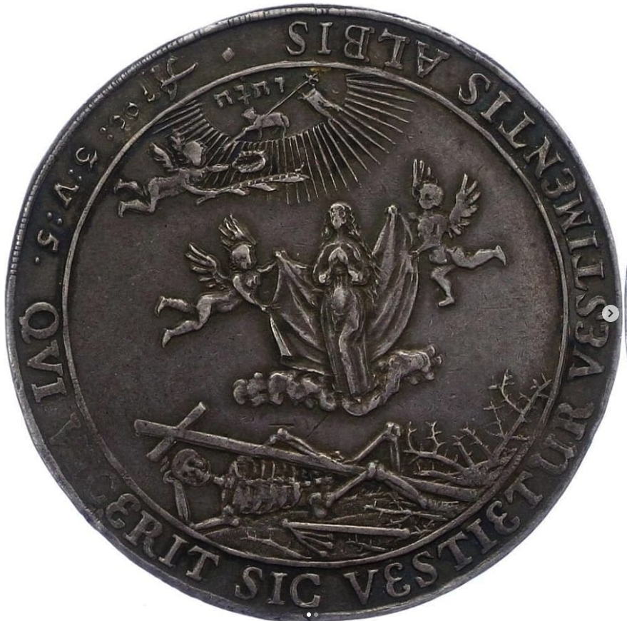 1671 AR Memorial Reichsthaler - obverse: two angels lift the Duchess on a cloud to heaven, the Lamb of God in glory above with Hebrew Tetragrammaton (יהוה), her skeleton beneath a cross among thorn bushes / reverse: 14-line Latin biographical inscription beneath the joined arms of Schleswig-Holstein and Brunswick-Lüneburg - obverse