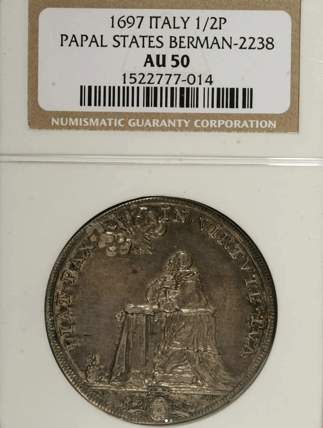 Anno VII = 1698 (NGC slab incorrectly dated 1697) AR 1/2 Piastre (Mezza Piastra) - Berman-2238 - obverse: Pope Innocent XII kneeling in prayer at a draped column with a cushion, papal tiara on the ground, radiant dove of the Holy Spirit in clouds upper left, legend FIAT · PAX · IN · VIRTVTE · TVA / reverse: ornate baroque cartouche with papal arms (three urns under crossed keys and tiara, cherub head), legend INNOCEN · XII · PONT · M · AN · VII - obverse