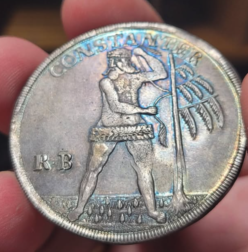 1708 AR Reichsthaler - obverse: striding wildman with uprooted fir tree and motto CONSTANTER, R-B mintmaster initials (Rudolf Bornemann, Zellerfeld) / reverse: five-helmed crowned arms of Brunswick-Lüneburg, legend D · G · ANTHON · ULRICH · DUX · BR · ET · LU · 1708 - obverse