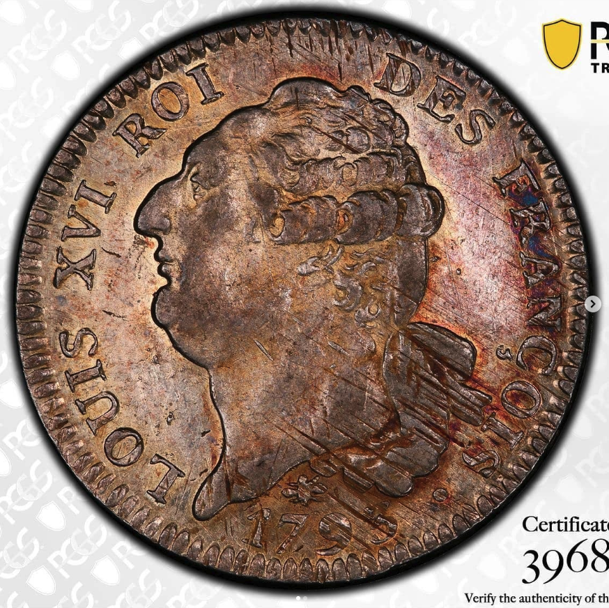 1793 (L'An 5 de la Liberté) AR Écu de 6 livres 'Constitutionnel' (29.4g) - Gadoury-55, Duplessy-1718 - obverse: bare head of Louis XVI left, LOUIS XVI ROI DES FRANÇOIS, dated 1793, mintmark D (Lyon) / reverse: winged Génie of France inscribing the Constitution at an altar, fasces with Phrygian cap at left, Gallic rooster at right, legend RÈGNE DE LA LOI · L'AN 5 DE LA LIBERTÉ - obverse
