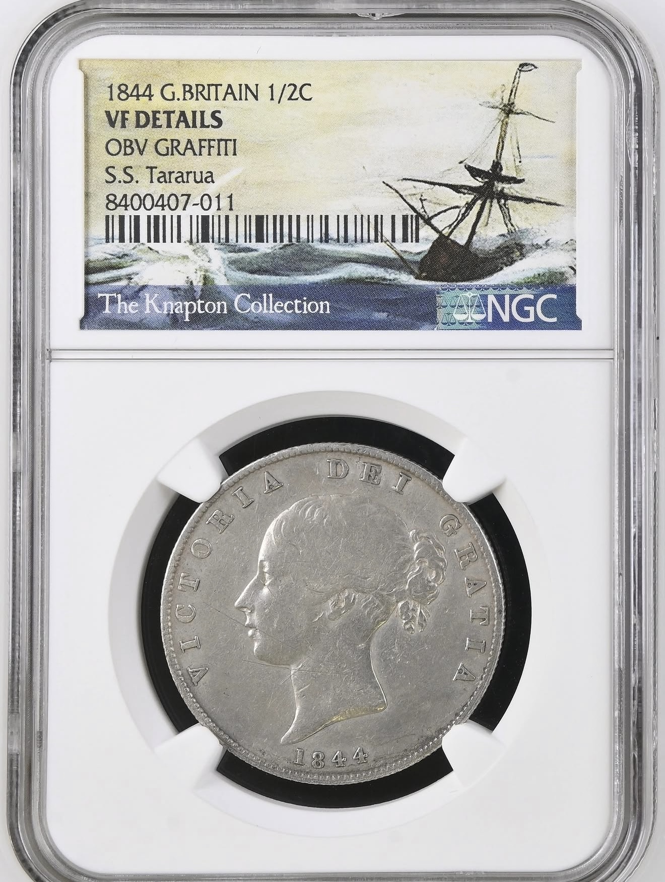 1/2 Crown (Victoria, Young Head) from S.S. Tararua - obverse