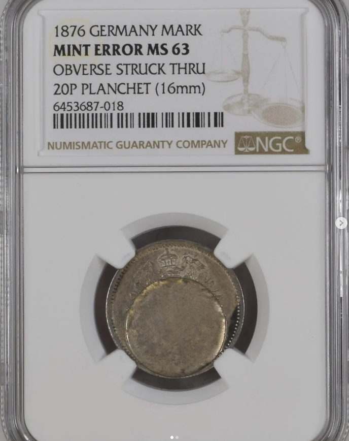 1876 1 Mark - Mint Error (Obverse Struck Thru 20 Pfennig Planchet, 16mm) - obverse