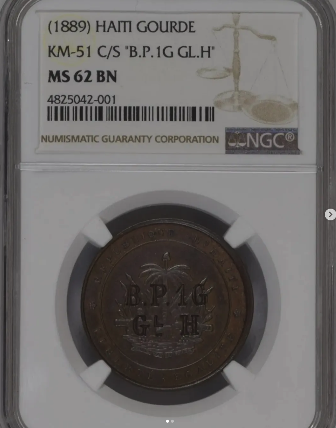 1889 1 Gourde - 'B.P. 1G / GL. H' counterstamp on uniface 2 Centimes pattern reverse (KM-51) - obverse