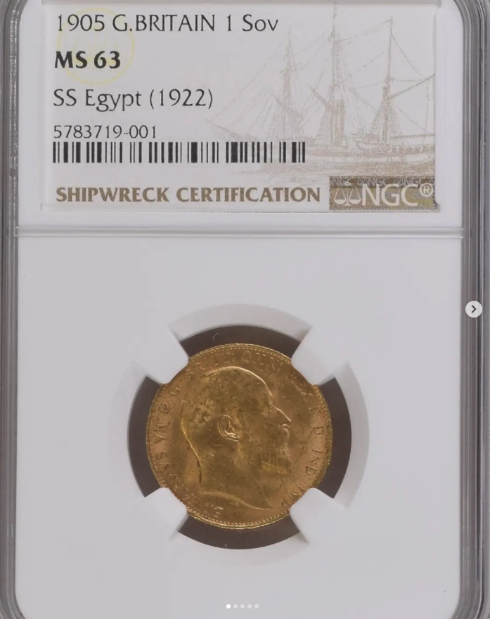 1905 Gold Sovereign (S.S. Egypt shipwreck recovery, 1922/1932) - obverse