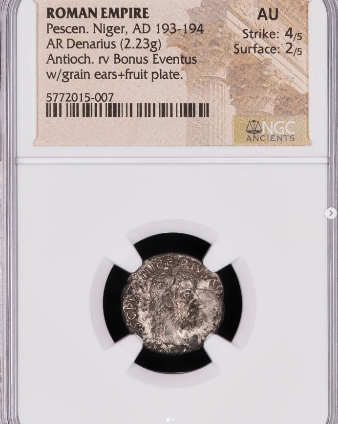 9 April A.D. 193 - May A.D. 194 AR Denarius (2.23g) - Antioch mint, reverse Bonus Eventus standing with grain ears and fruit plate (RIC IV 8 var.) - obverse