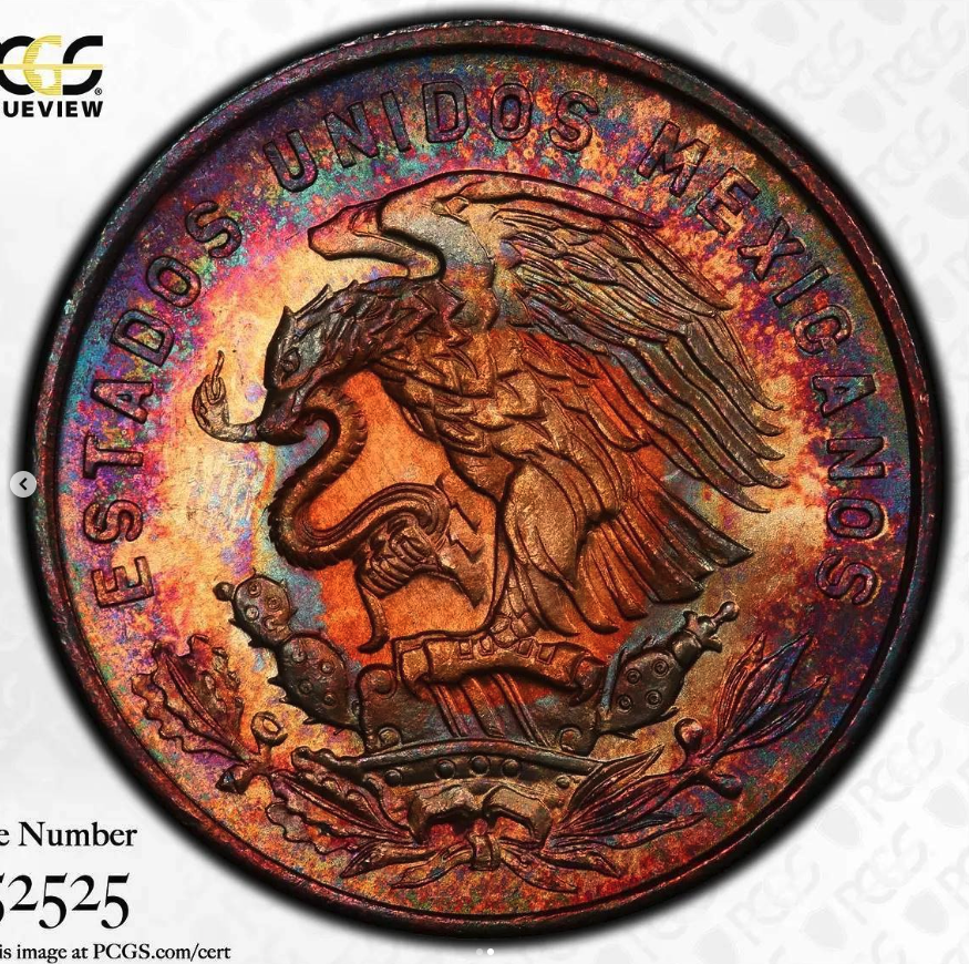 1964 20 Centavos (KM-440) - bronze, Pyramid of the Sun at Teotihuacán with Popocatépetl & Iztaccíhuatl behind / national arms (eagle on cactus devouring serpent) - obverse