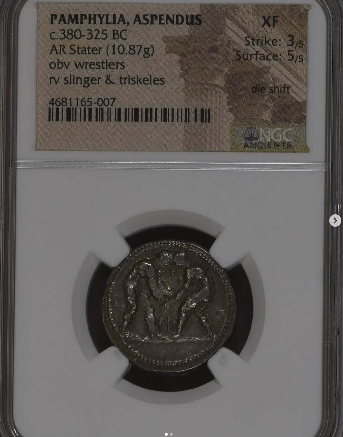 c. 380-325 B.C. AR Stater (10.87g) - obverse: two nude wrestlers grappling / reverse: slinger in throwing stance, triskeles in field - obverse