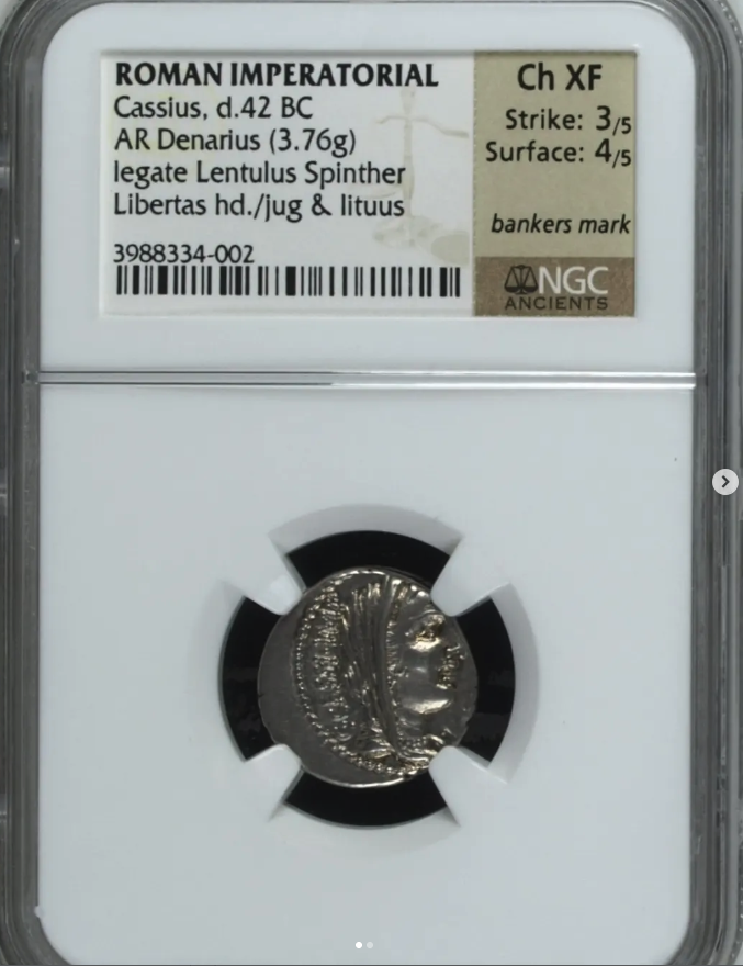 42 BC AR Denarius (3.76g, military mint moving with Cassius and Brutus, Smyrna) - obverse