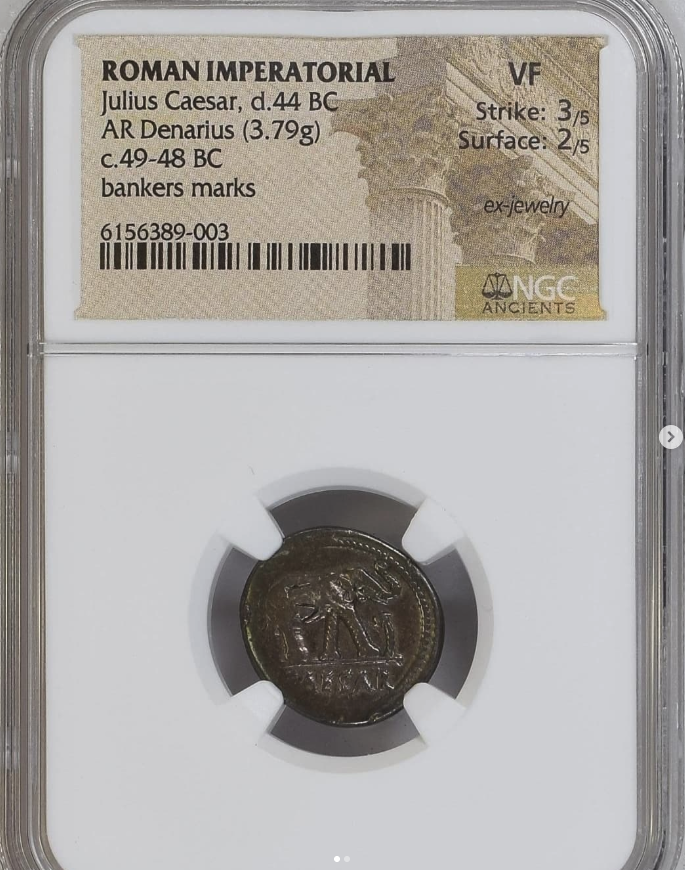 c. 49-48 B.C. AR Denarius (3.79g) - Elephant trampling carnyx / pontifical implements (Crawford 443/1) - obverse