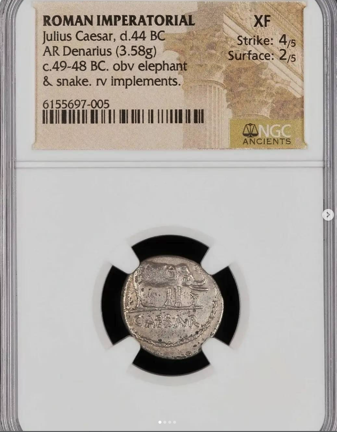 c. 49-48 B.C. AR Denarius (3.58g) - Elephant trampling serpent / pontifical implements (Crawford 443/1) - obverse