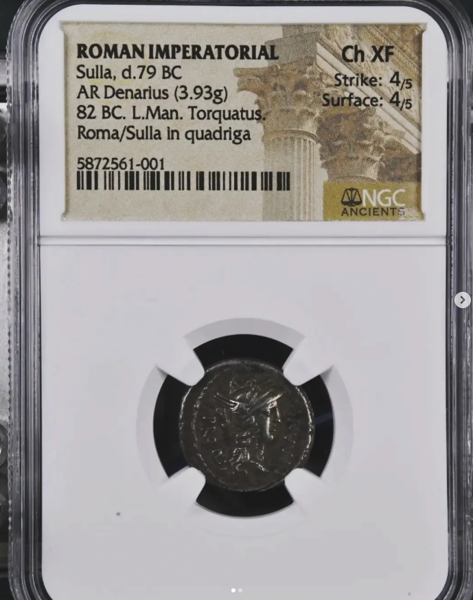 82 B.C. AR Denarius (3.93g) - Roma obverse / Sulla in triumphal quadriga reverse (Crawford 367/3) - obverse