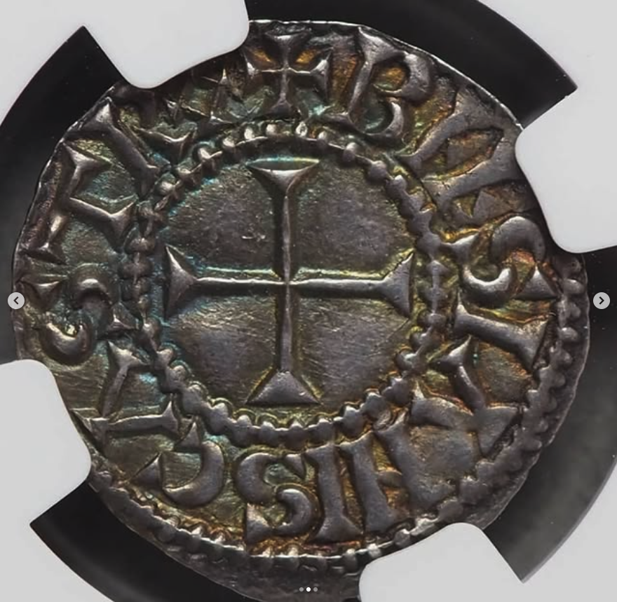 887-898 A.D. AR Denier (silver penny) - obverse: cross pattée within inner circle, legend +GRATIA D-I REX / reverse: ODDO monogram within inner circle, legend +BLESIANIS CASTRO ('the castle of Blois') - obverse