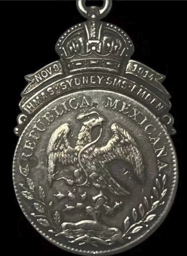 1914 (host coin 1888) HMAS Sydney - SMS Emden Commemorative Medal (mounted Mexican 8 Reales) - obverse